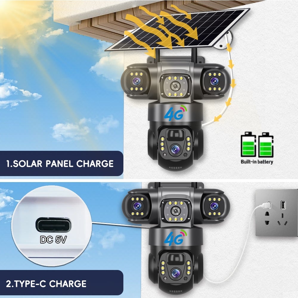 Solar Camera With 4G SIM 15MP HD Outdoor 3 Lens 3 Screen 10X Zoom PIR Human Detect Cameras Night Vision CCTV Security Protection - Image 4